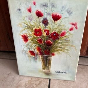 Vibrant Red Floral oil on Canvas Art, 12x16 hand painted